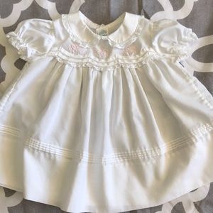 Vintage Baby Dress, White, Pink Hand Embroidery